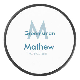 Navy blue groomsman name letter date masculine per hockey puck