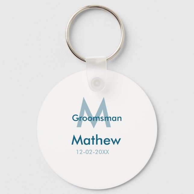 Navy blue groomsman name letter date masculine per keychain (Front)