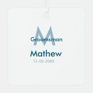 Navy blue groomsman name letter date masculine per metal ornament