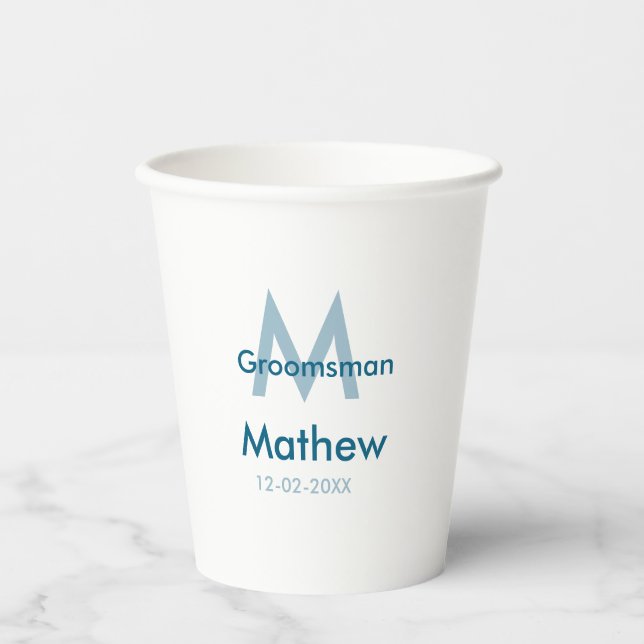 Navy blue groomsman name letter date masculine per paper cups (Front)