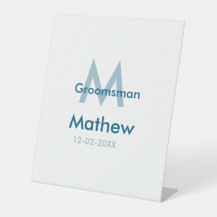 Navy blue groomsman name letter date masculine per pedestal sign