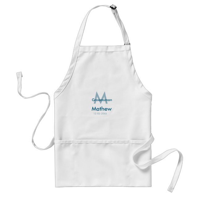 Navy blue groomsman name letter date masculine per standard apron (Front)