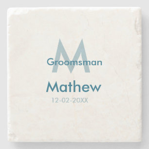 Navy blue groomsman name letter date masculine per stone coaster