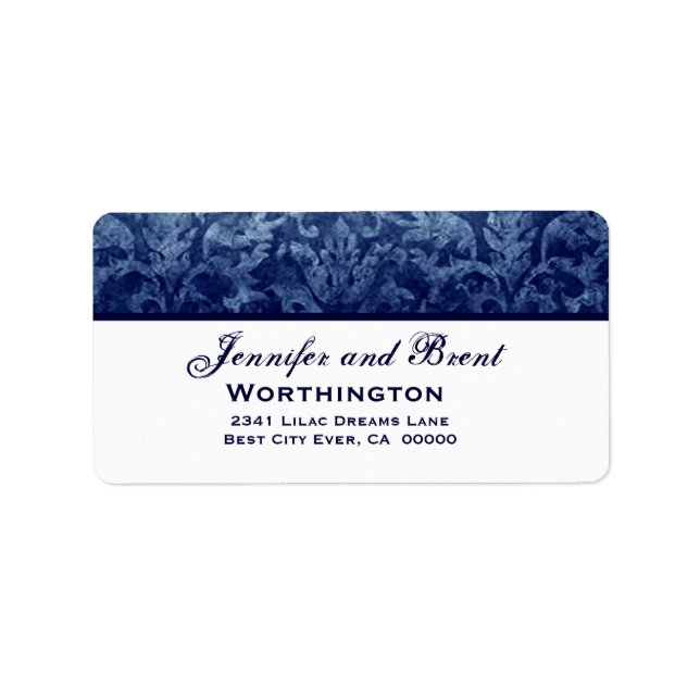 Navy Blue Grunge Damask Wedding Label (Front)