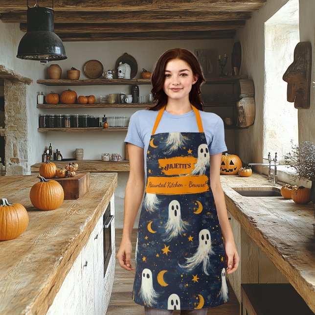 Navy Blue Halloween Apron with Ghosts, Stars, Moon (Creator Uploaded)