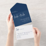 Navy Blue Handwriting Modern Typography Wedding All In One Invitation<br><div class="desc">This modern All In One Wedding Invitation combines handwriting script with modern typography for a clean and stylish look. It fits well with both formal and casual wedding styles. Because it is all-in-one, this minimalist wedding invitation simplifies your planning by including all your event details on a single card. It’s...</div>