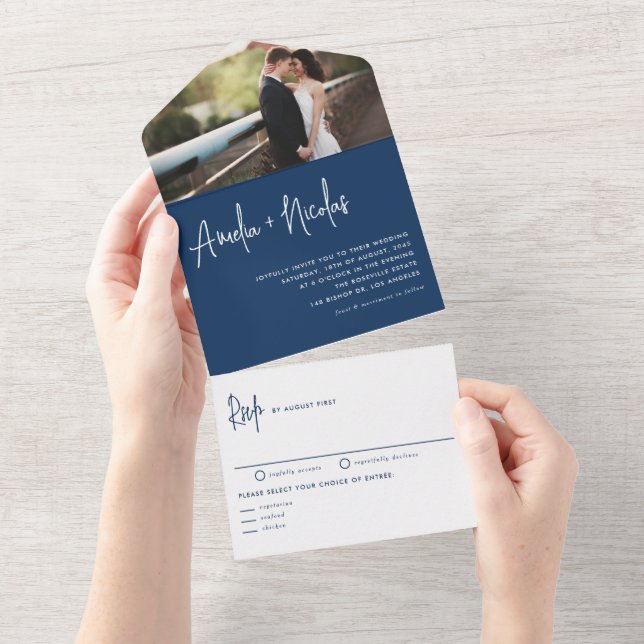 Navy Blue Handwriting Typography Photo Wedding All In One Invitation (Tearaway)