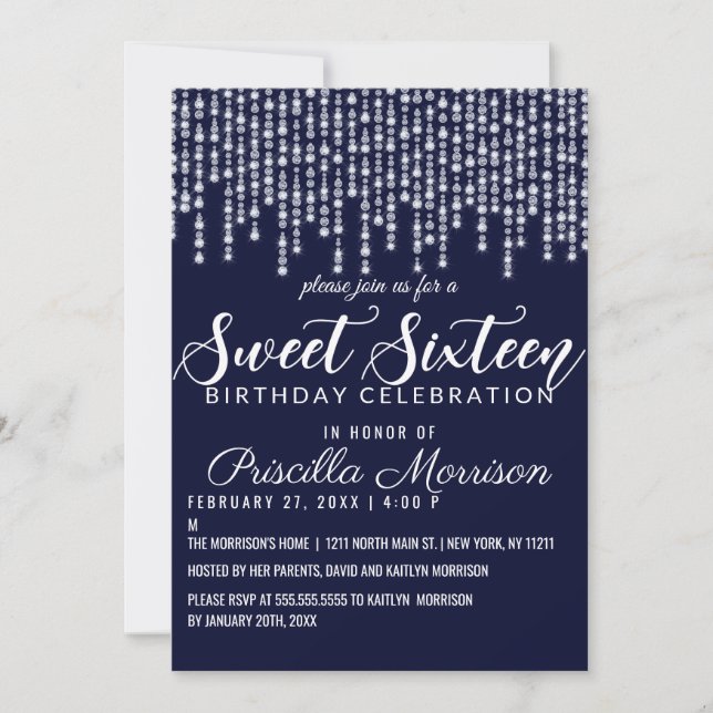 Navy Blue Hanging Diamond Lights Sweet 16 Invitation (Front)