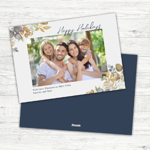 Navy Blue Happy Holidays Greenery Photo Holiday Card
