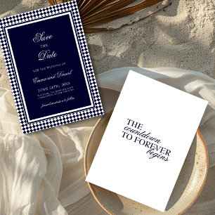 Navy Blue Harlequin Border Romantic Quote Wedding Save The Date