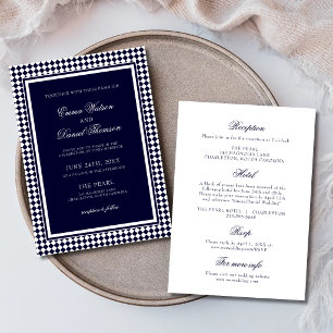 Navy Blue Harlequin Border Wedding Reception Invitation