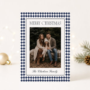 Navy Blue Harlequin One Photo Christmas Card