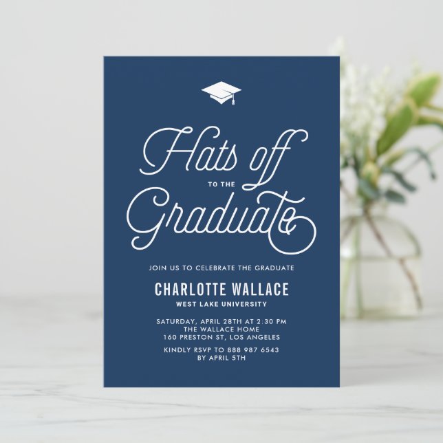 Navy Blue Hats off to the Graduate Graduation Invitation (Standing Front)