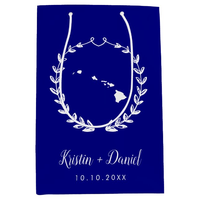Navy Blue Hawaii Map Wedding Welcome Swag Medium Gift Bag (Front)