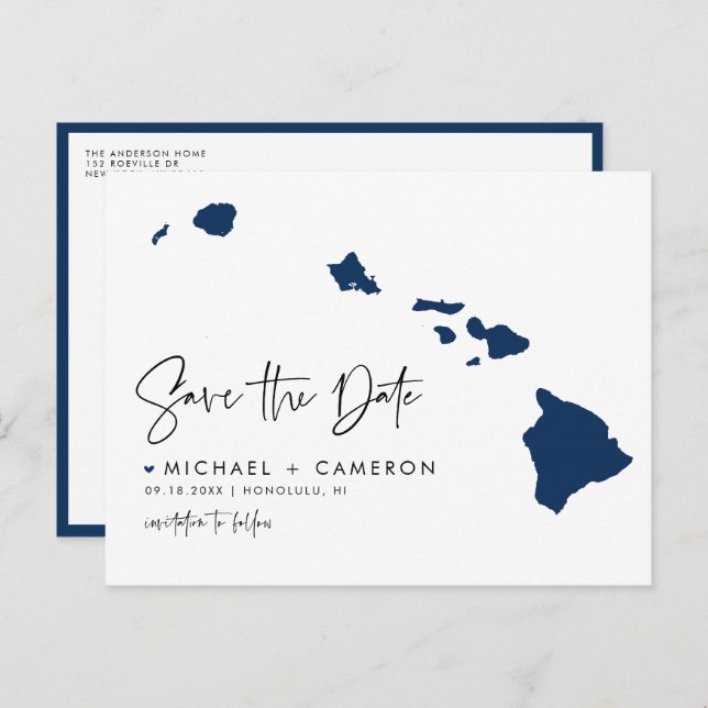 Navy Blue Hawaii State Map QR Code Save the Date Announcement Postcard (Front/Back)