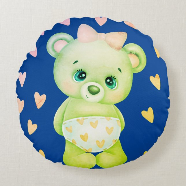 Navy Blue Heart Print Teddy Bear Throw Pillow (Front)