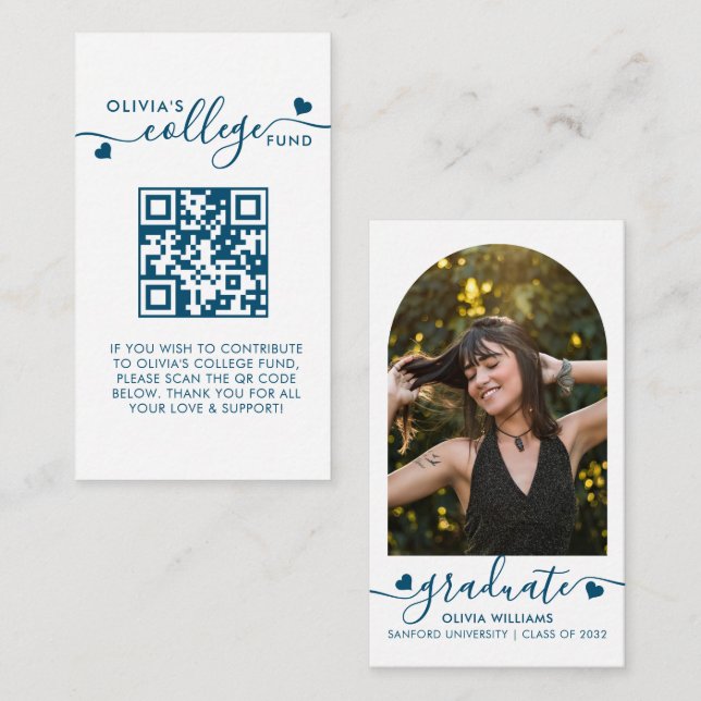 Navy Blue Heart Script QR Code College Fund Photo Enclosure Card (Front/Back)