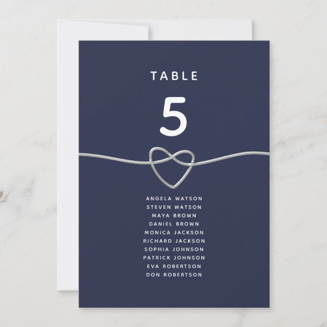 Navy Blue Heart Wedding Table Seating Chart (Front)
