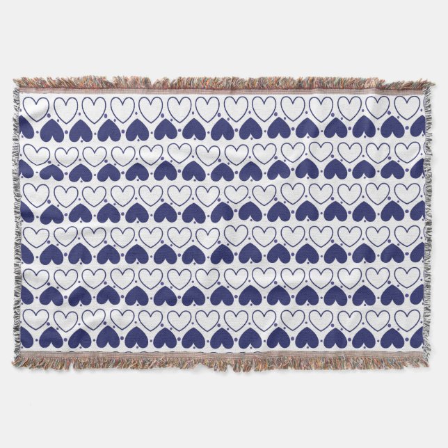 Navy Blue Hearts - Cute Geometric Love Pattern Throw Blanket (Front)