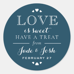 Navy Blue Hearts Love is Sweet Wedding Favour Classic Round Sticker