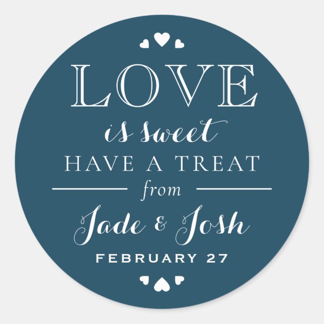 Navy Blue Hearts Love is Sweet Wedding Favour Classic Round Sticker (Front)