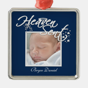 Navy Blue Heaven Sent Baby Boy Photo Ornament