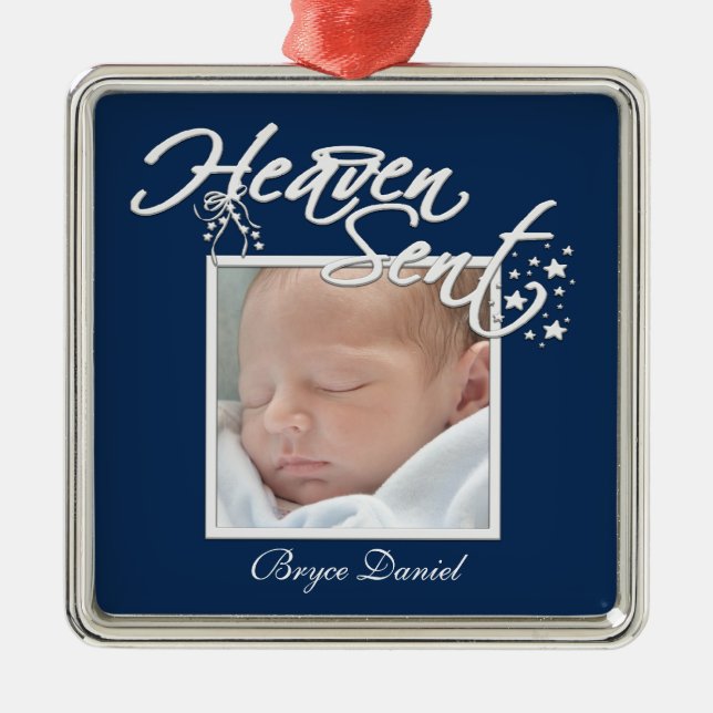 Navy Blue Heaven Sent Baby Boy Photo Ornament (Front)