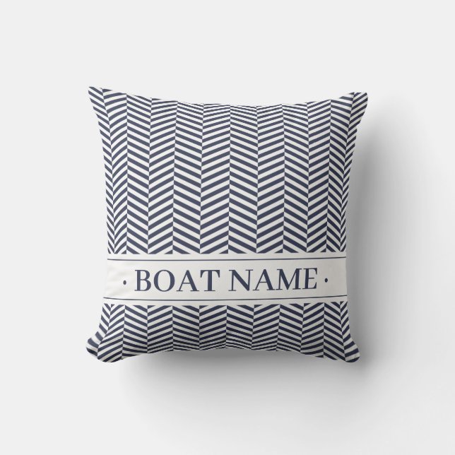 Navy Blue Herringbone Decor with Boat Name. Outdoor Pillow (Front)
