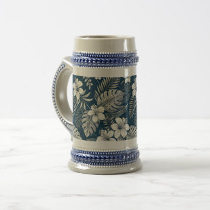 Navy Blue Hibiscus Monstera Tropical Botanical Beer Stein