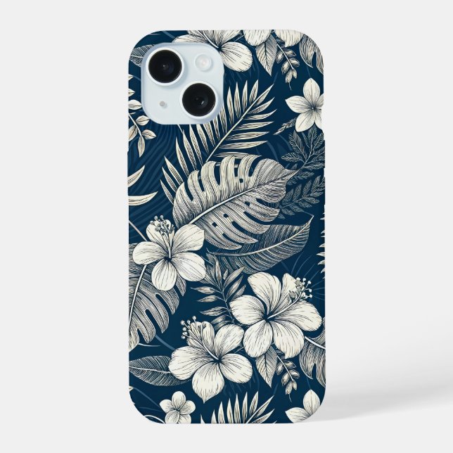 Navy Blue Hibiscus Monstera Tropical Botanical iPhone 15 Case (Back)