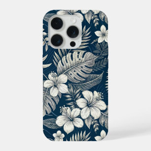 Navy Blue Hibiscus Monstera Tropical Botanical iPhone 15 Pro Case