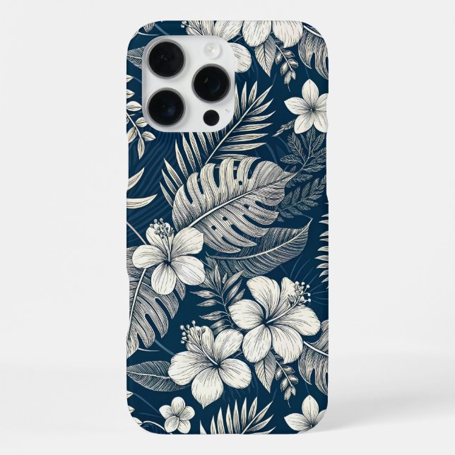 Navy Blue Hibiscus Monstera Tropical Botanical iPhone Case (Back)