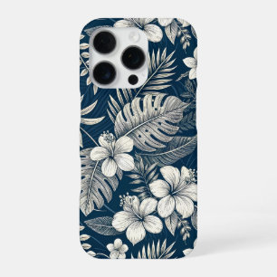 Navy Blue Hibiscus Monstera Tropical Botanical iPhone 16 Pro Case