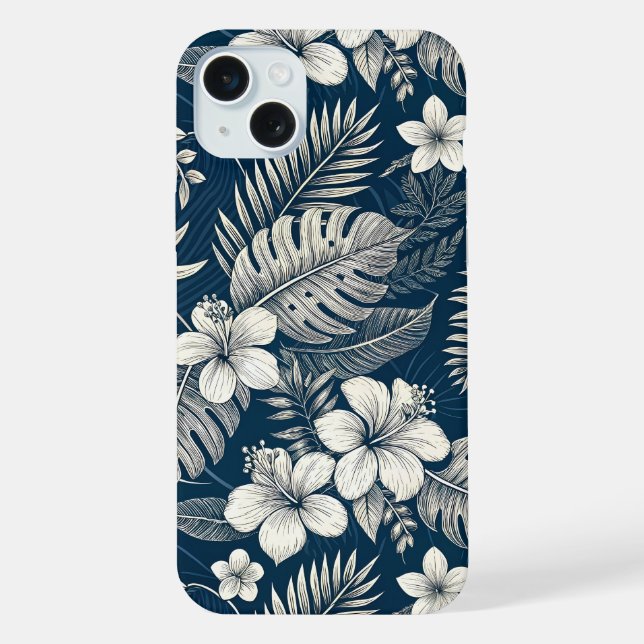 Navy Blue Hibiscus Monstera Tropical Botanical iPhone Case (Back)