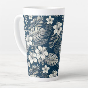 Navy Blue Hibiscus Monstera Tropical Botanical Latte Mug