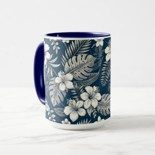 Navy Blue Hibiscus Monstera Tropical Botanical Mug