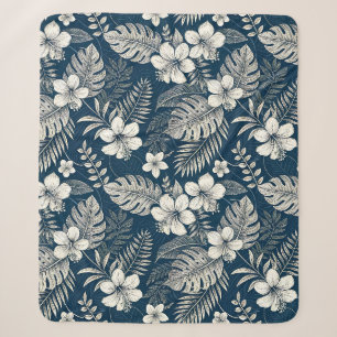 Navy Blue Hibiscus Monstera Tropical Botanical Sherpa Blanket