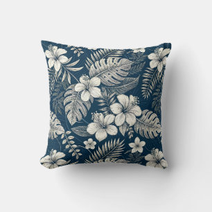 Navy Blue Hibiscus Monstera Tropical Botanical Throw Pillow