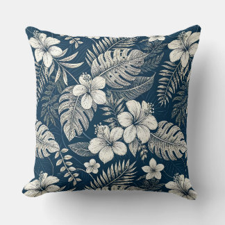 Navy Blue Hibiscus Monstera Tropical Botanical Throw Pillow