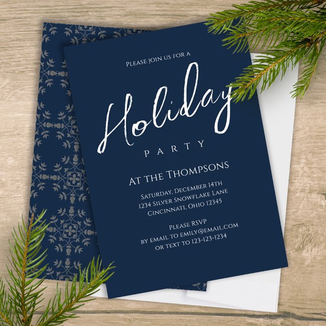 Navy Blue Holiday Party Snowflake Custom Invitation (Elegant silver and navy blue snowflake pattern holiday Christmas party invitation. )