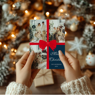 Navy Blue Holiday Photo Card with Red Bow Accent