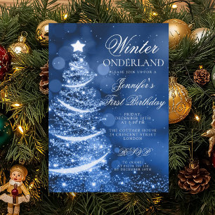 Navy Blue Holiday Winter Onederland 1st Birthday Invitation