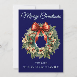 Navy Blue Holly Berry Christmas Wreath Holiday Card