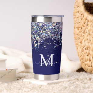 Navy Blue Holographic Silver Glitters Monogram Insulated Tumbler