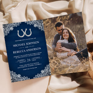 Navy Blue Horseshoes Lace Photo QR Code Wedding Invitation