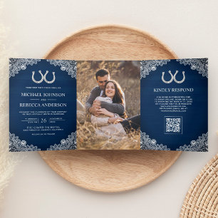 Navy Blue Horseshoes Lace Photo QR Code Wedding Tri-Fold Invitation