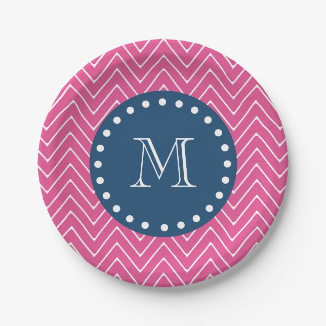 Navy Blue, Hot Pink Chevron Pattern, Your Monogram Paper Plate (Front)