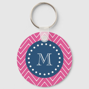 Navy Blue, Hot Pink Chevron   Your Monogram Keychain