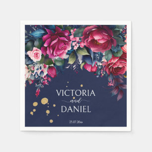 Navy blue hot pink roses personalized wedding napkin