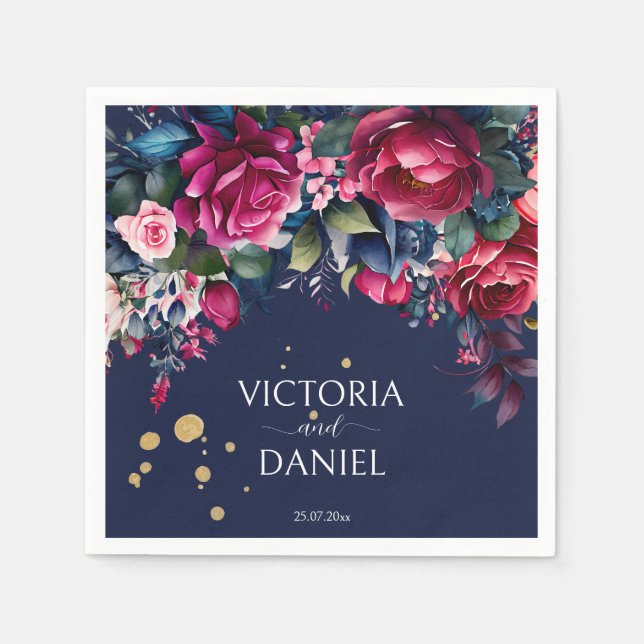 Navy blue hot pink roses personalized wedding napkin (Front)